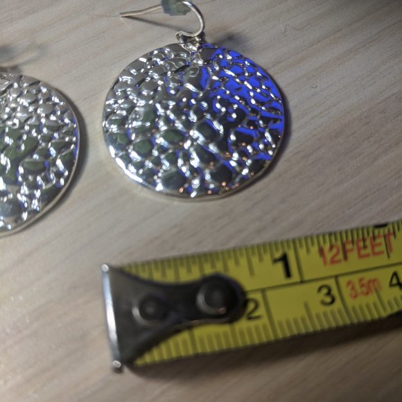 Silver Disc Earrings Textured Metal Round Drop - Picture 4 of 4